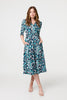 Blue | Printed 3/4 Sleeve V-Neck Midi Wrap Dress
