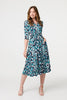 Blue | Printed 3/4 Sleeve V-Neck Midi Wrap Dress
