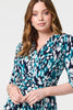 Blue | Printed 3/4 Sleeve V-Neck Midi Wrap Dress

