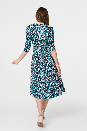 Blue | Printed 3/4 Sleeve V-Neck Midi Wrap Dress
