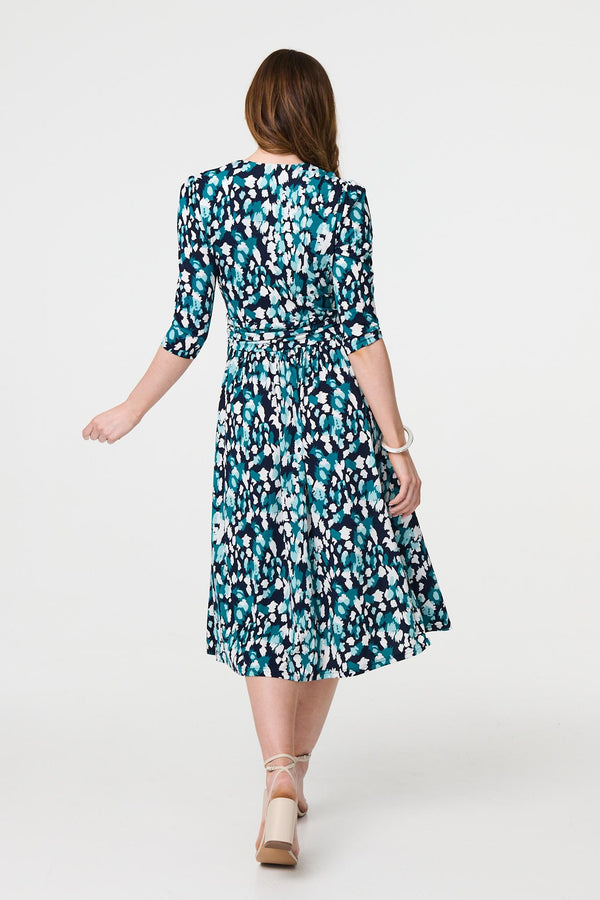 Blue | Printed 3/4 Sleeve V-Neck Midi Wrap Dress
