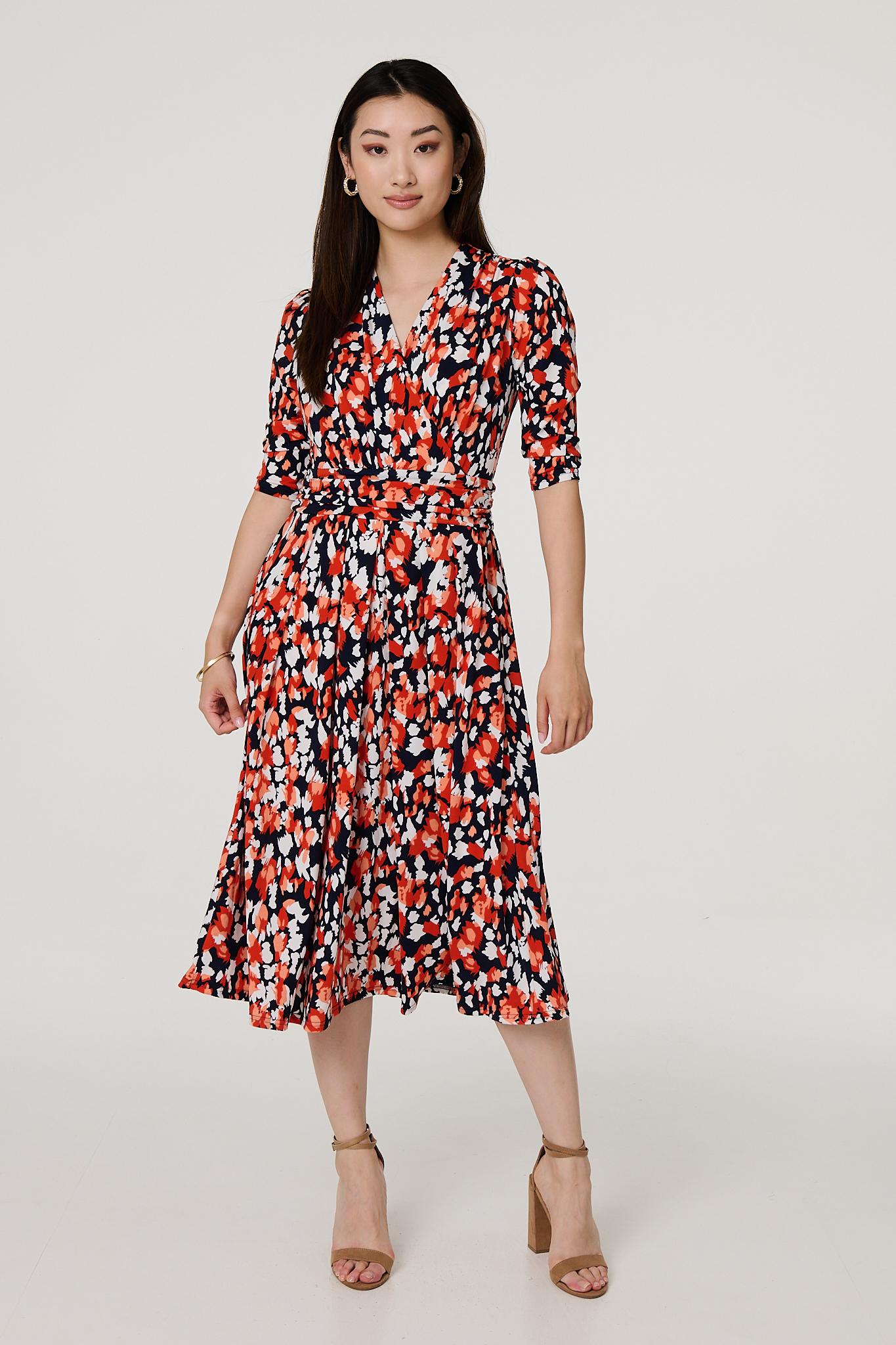 Printed 3 4 Sleeve V Neck Midi Wrap Dress