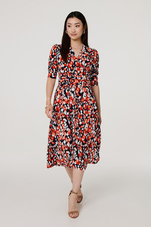 Orange | Printed 3/4 Sleeve V-Neck Midi Wrap Dress
