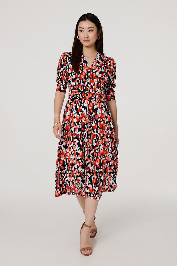 Orange | Printed 3/4 Sleeve V-Neck Midi Wrap Dress
