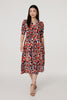 Orange | Printed 3/4 Sleeve V-Neck Midi Wrap Dress
