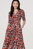 Orange | Printed 3/4 Sleeve V-Neck Midi Wrap Dress
