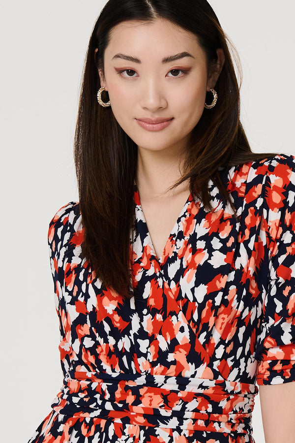 Orange | Printed 3/4 Sleeve V-Neck Midi Wrap Dress
