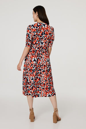 Orange | Printed 3/4 Sleeve V-Neck Midi Wrap Dress
