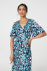 Blue| Animal Print V-Neck Midi Wrap Dress
