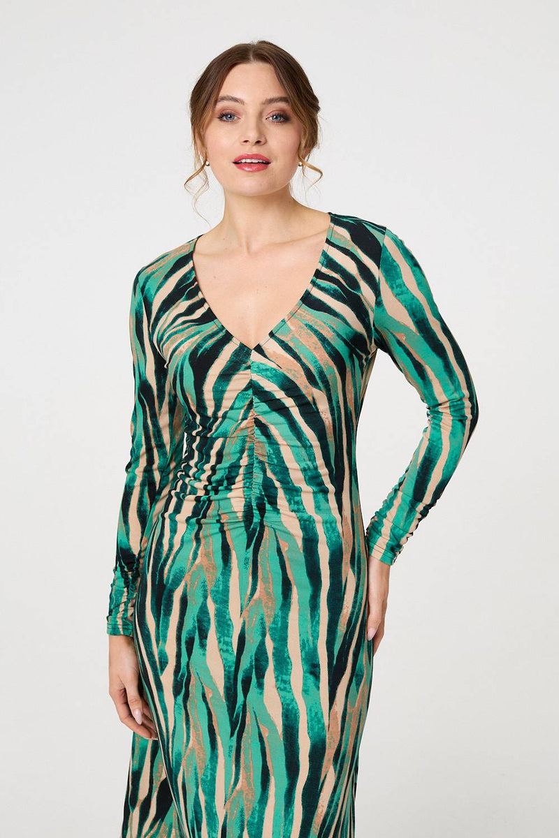 Abstract Print Ruched V-Neck Midi Dress | Izabel London Abstract Print Ruched V-Neck Midi Dress | Izabel London