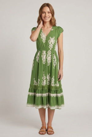Green | Ikat Print Cap Sleeve Lace Midi Dress