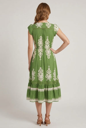 Green | Ikat Print Cap Sleeve Lace Midi Dress