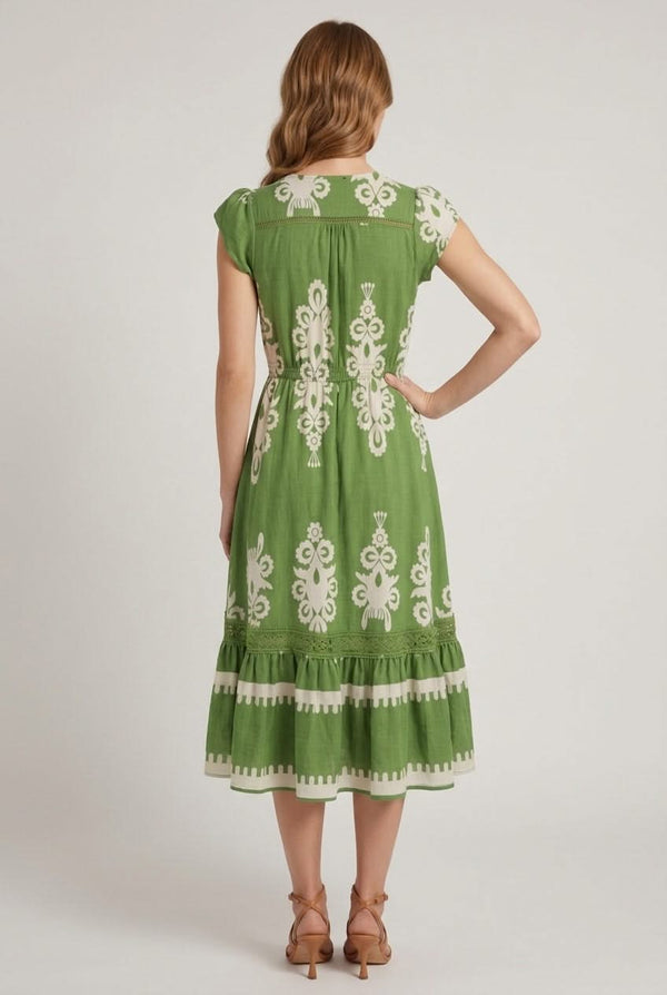 Green | Ikat Print Cap Sleeve Lace Midi Dress