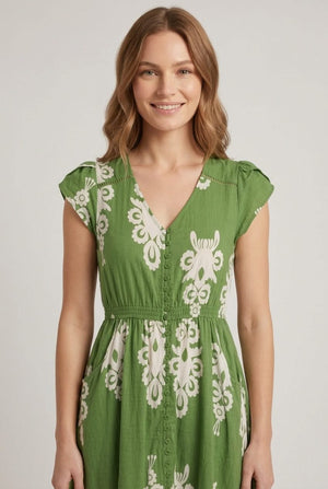 Green | Ikat Print Cap Sleeve Lace Midi Dress