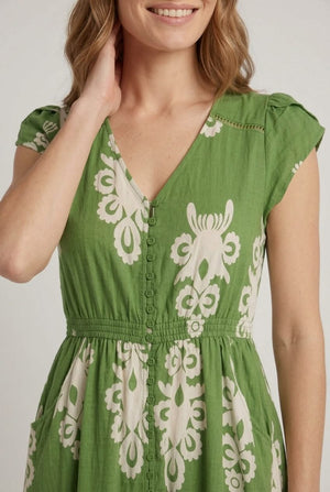 Green | Ikat Print Cap Sleeve Lace Midi Dress
