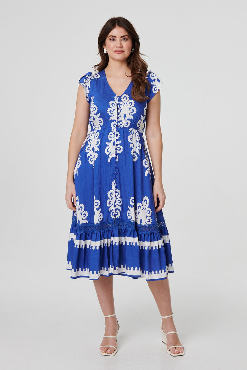 Ikat Print Cap Sleeve Lace Midi Dress | Izabel London Ikat Print Cap Sleeve Lace Midi Dress | Izabel London