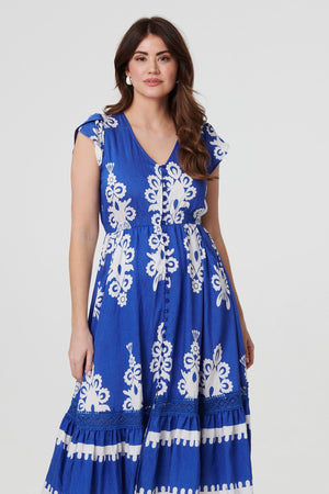 Blue | Ikat Print Cap Sleeve Lace Midi Dress
