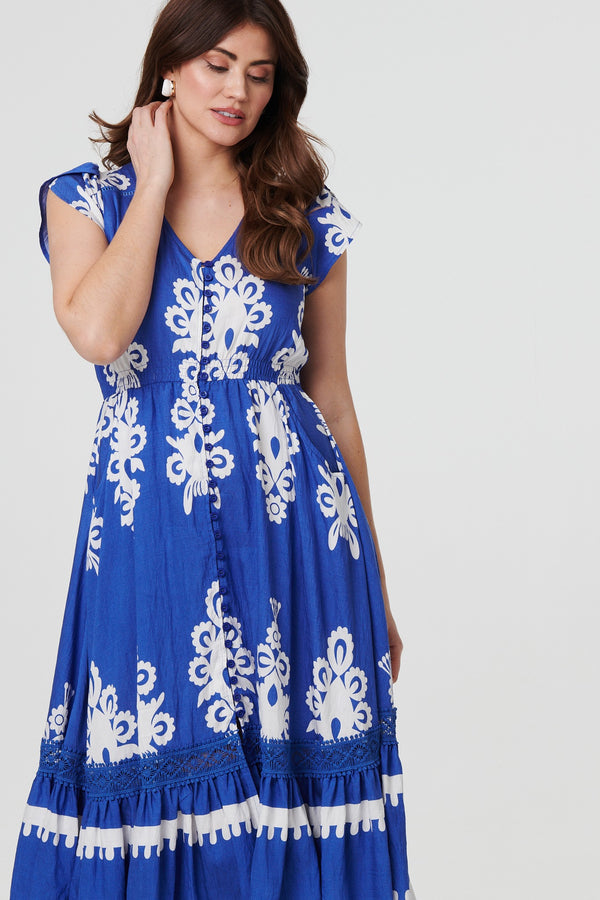 Blue | Ikat Print Cap Sleeve Lace Midi Dress
