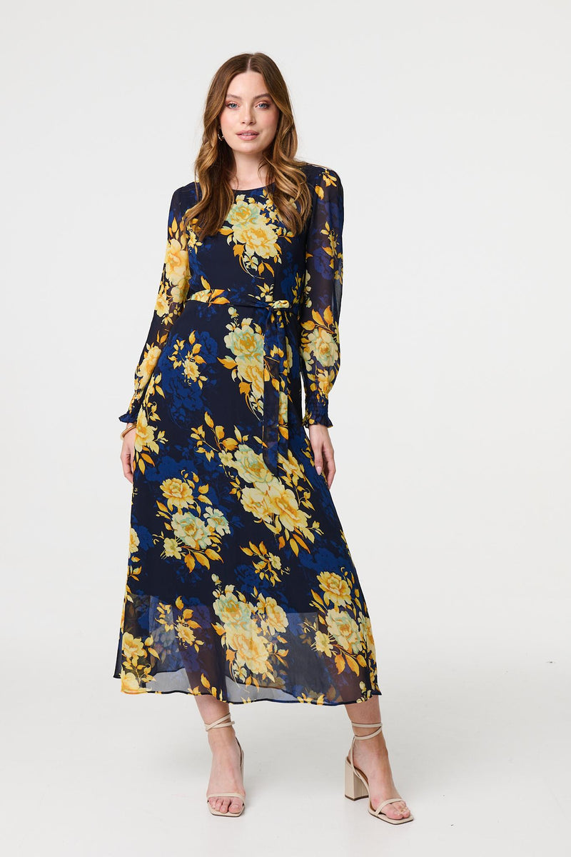 Floral Long Sleeve Chiffon Midi Dress | Izabel London Floral Long Sleeve Chiffon Midi Dress | Izabel London