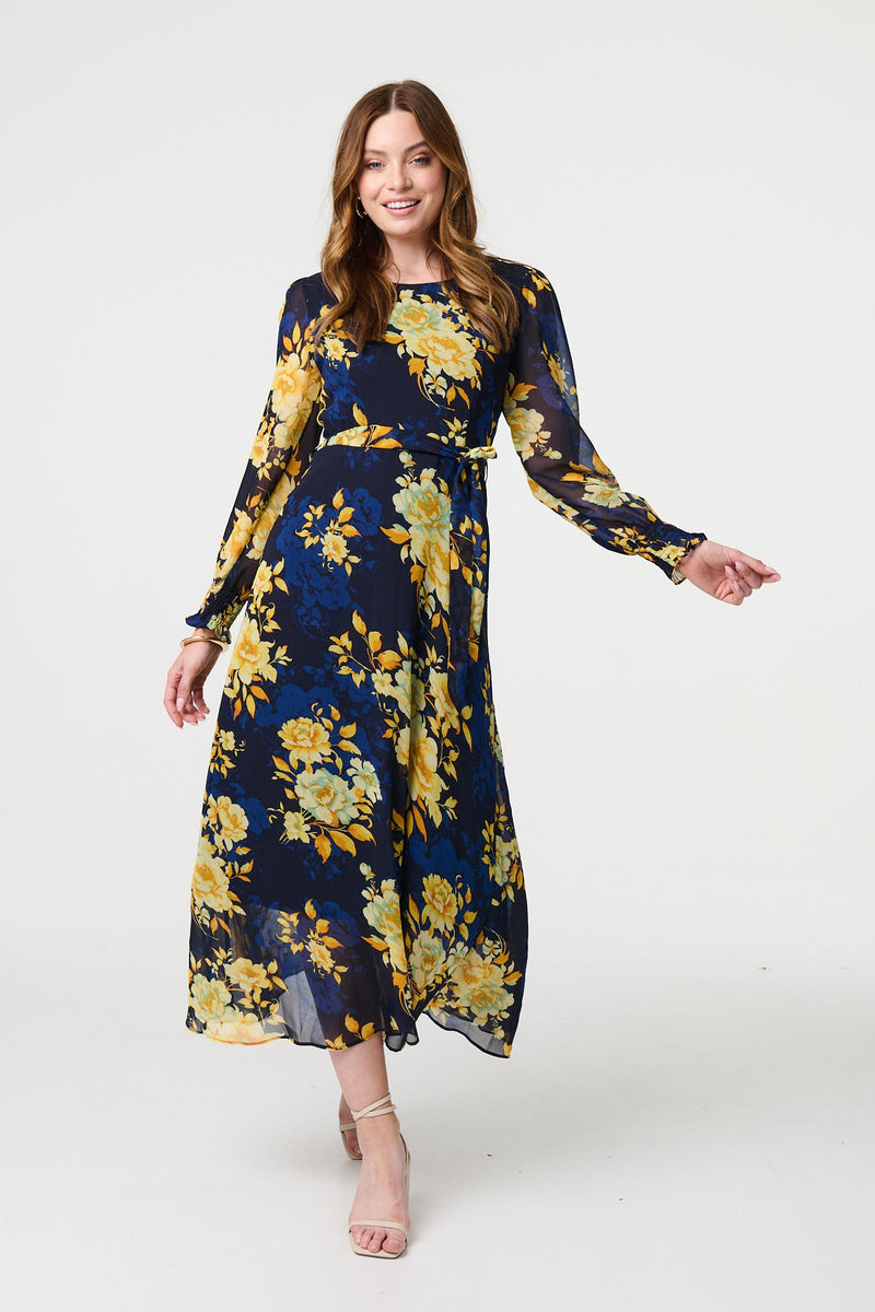 Floral Long Sleeve Chiffon Midi Dress | Izabel London Floral Long Sleeve Chiffon Midi Dress | Izabel London