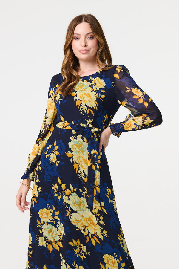 Navy | Floral Long Sleeve Chiffon Midi Dress
