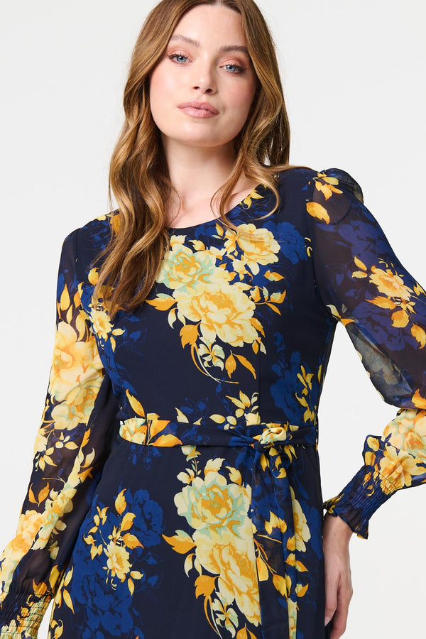 Navy | Floral Long Sleeve Chiffon Midi Dress
