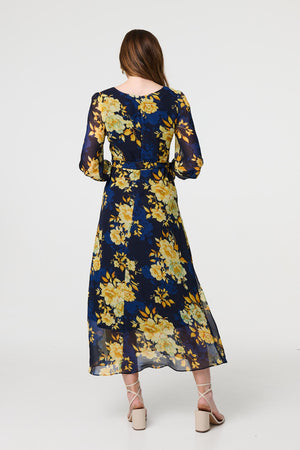 Navy | Floral Long Sleeve Chiffon Midi Dress
