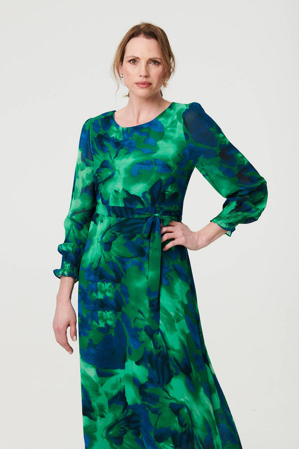 Green | Printed Long Sleeve Chiffon Midi Dress