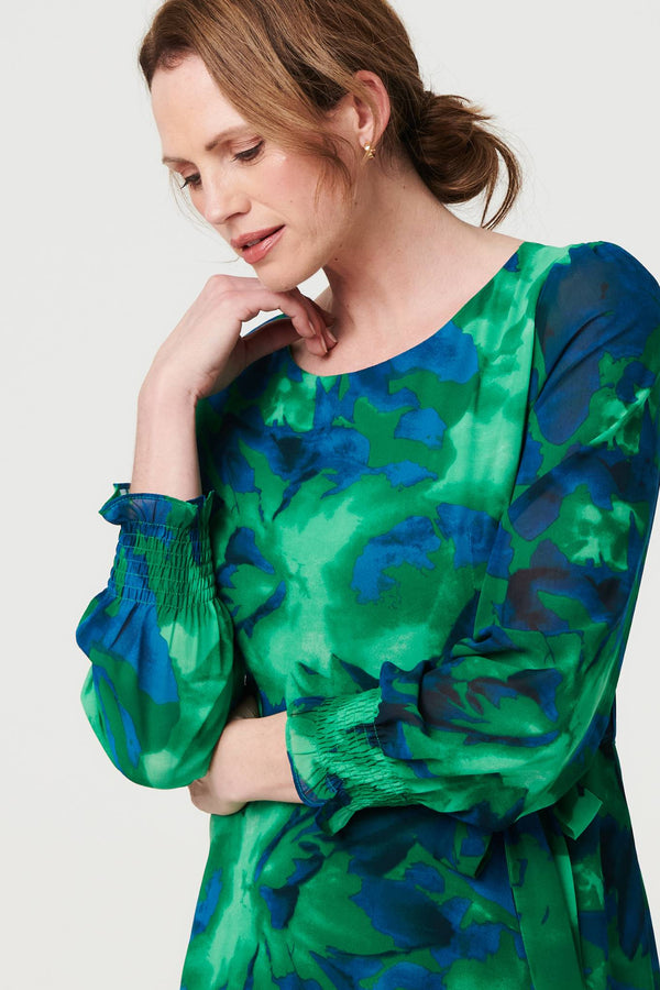 Green | Printed Long Sleeve Chiffon Midi Dress