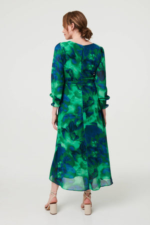 Green | Printed Long Sleeve Chiffon Midi Dress