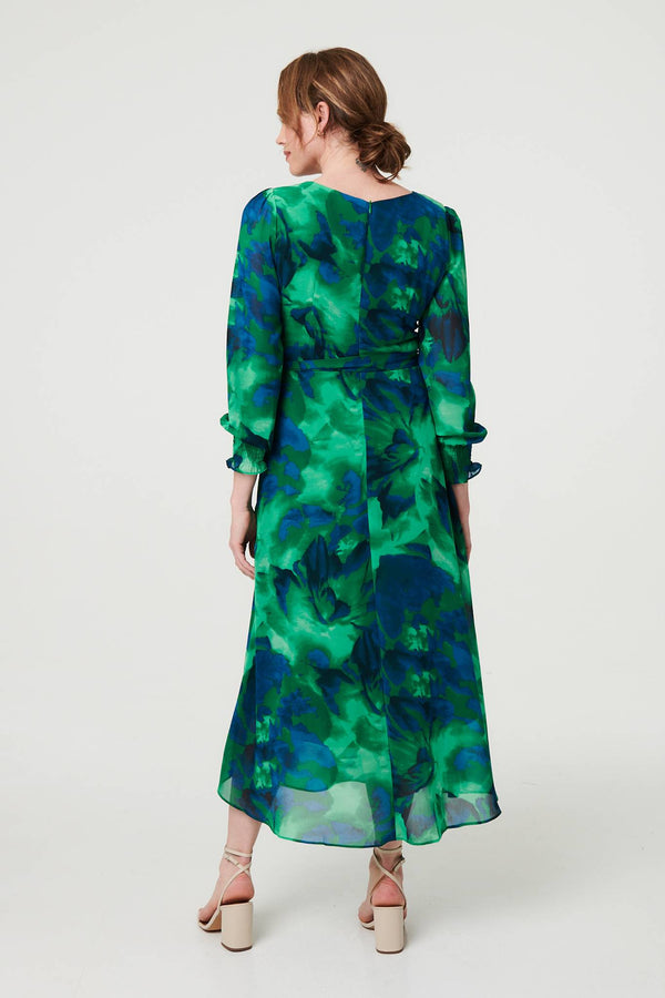 Green | Printed Long Sleeve Chiffon Midi Dress