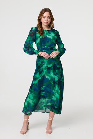 Green | Printed Long Sleeve Chiffon Midi Dress
