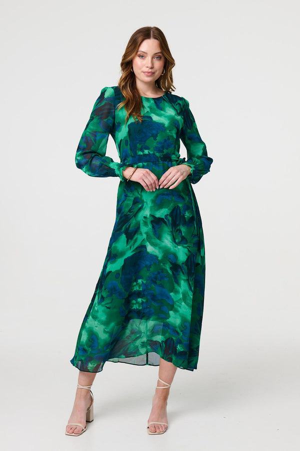 Green | Printed Long Sleeve Chiffon Midi Dress
