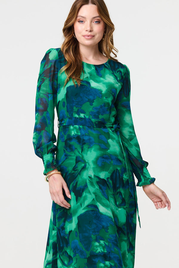 Green | Printed Long Sleeve Chiffon Midi Dress
