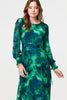 Green | Printed Long Sleeve Chiffon Midi Dress

