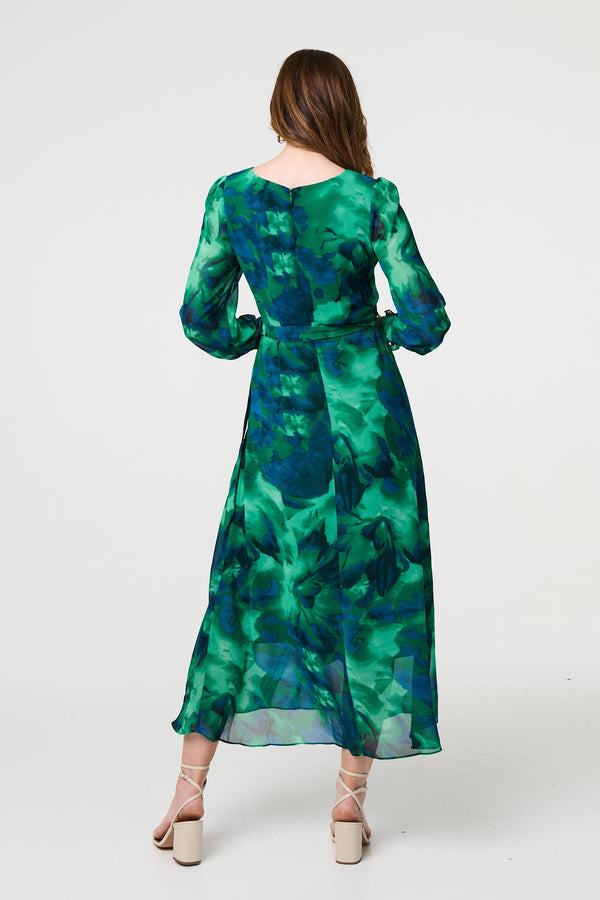 Green | Printed Long Sleeve Chiffon Midi Dress
