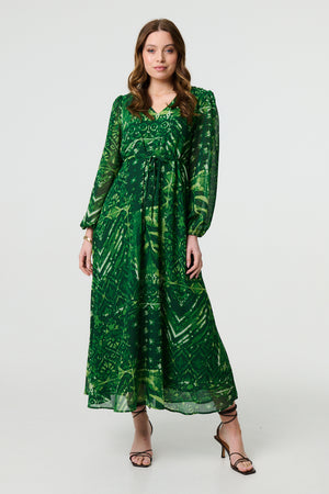 Green | Printed Semi Sheer Empire Maxi Dress
