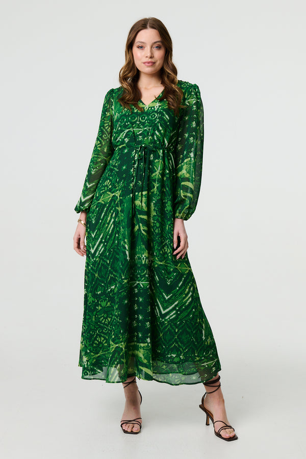 Green | Printed Semi Sheer Empire Maxi Dress
