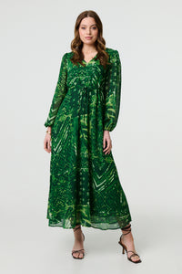 Green | Printed Semi Sheer Empire Maxi Dress
