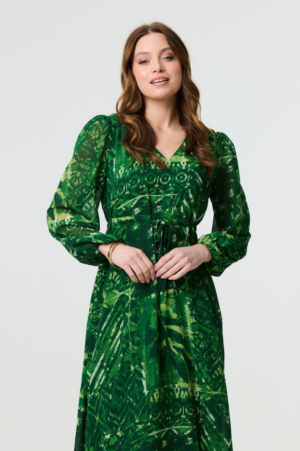Green | Printed Semi Sheer Empire Maxi Dress
