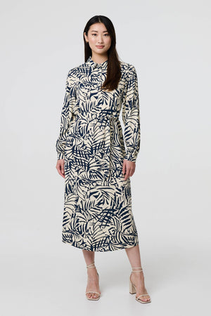 Navy | Printed Tie Waist Midi Shirt Dress
