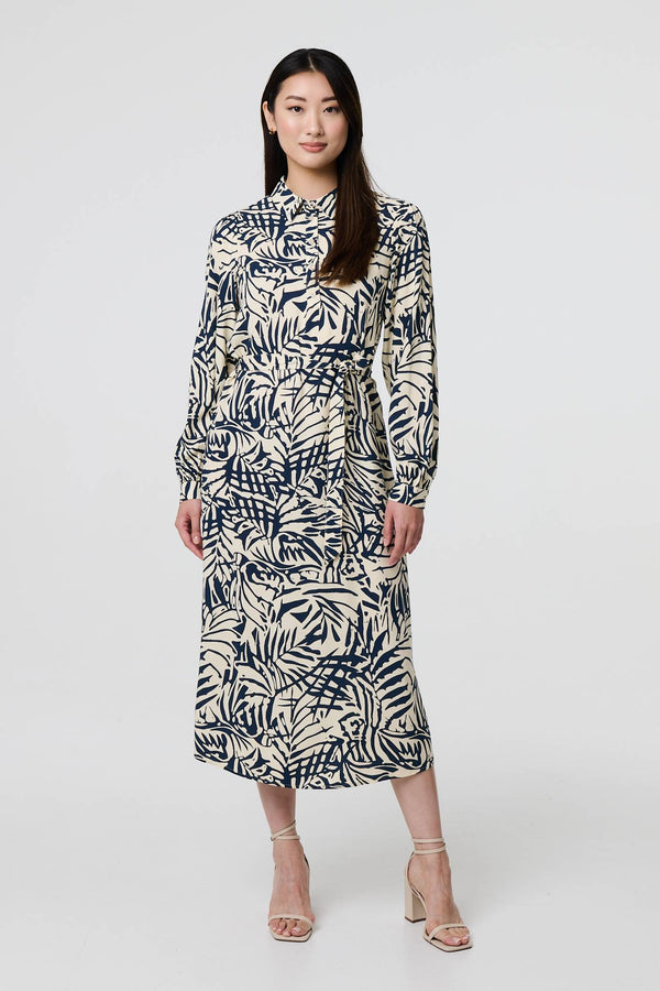 Navy | Printed Tie Waist Midi Shirt Dress
