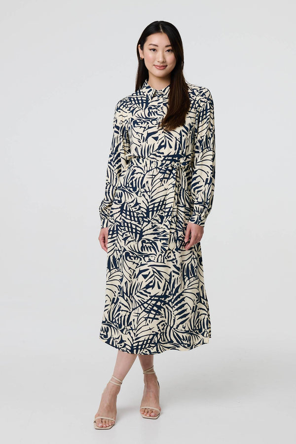 Navy | Printed Tie Waist Midi Shirt Dress
