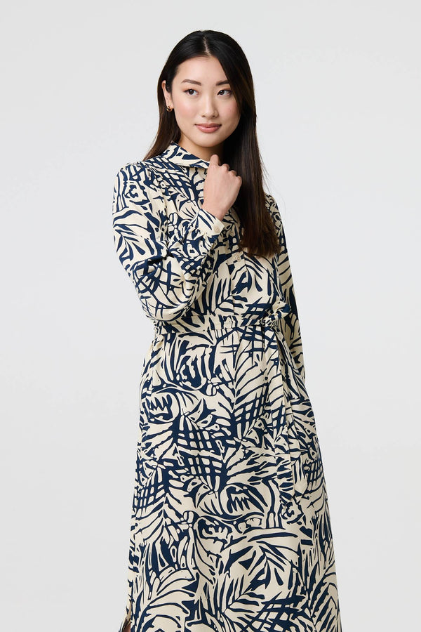 Navy | Printed Tie Waist Midi Shirt Dress
