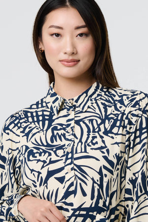 Navy | Printed Tie Waist Midi Shirt Dress
