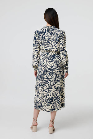 Navy | Printed Tie Waist Midi Shirt Dress
