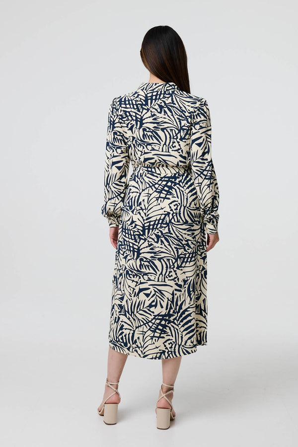 Navy | Printed Tie Waist Midi Shirt Dress
