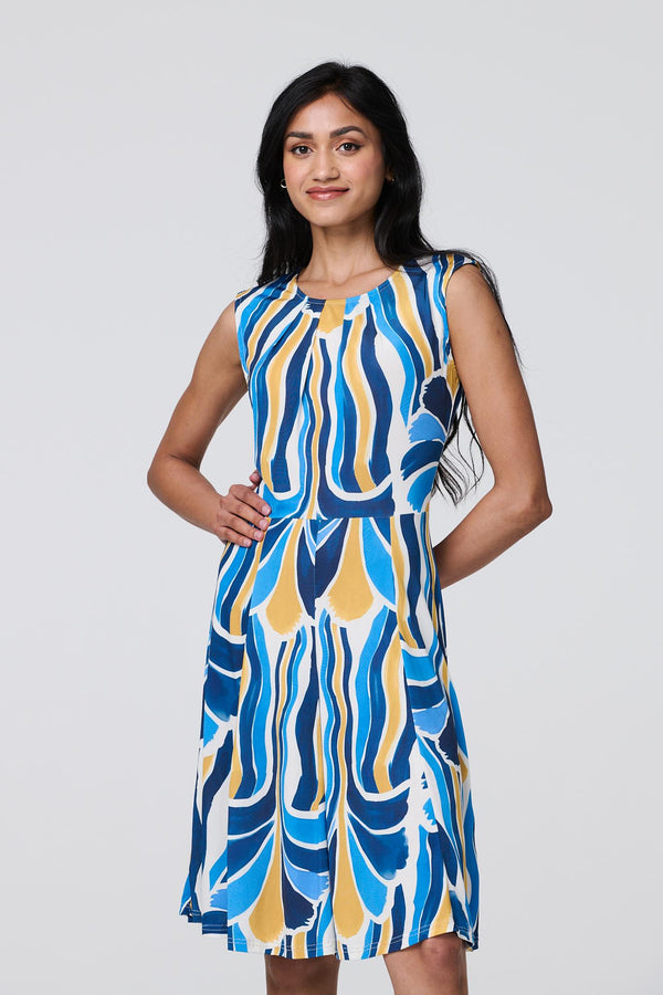 Blue | Brushstroke Print Sleeveless Knee Length Dress