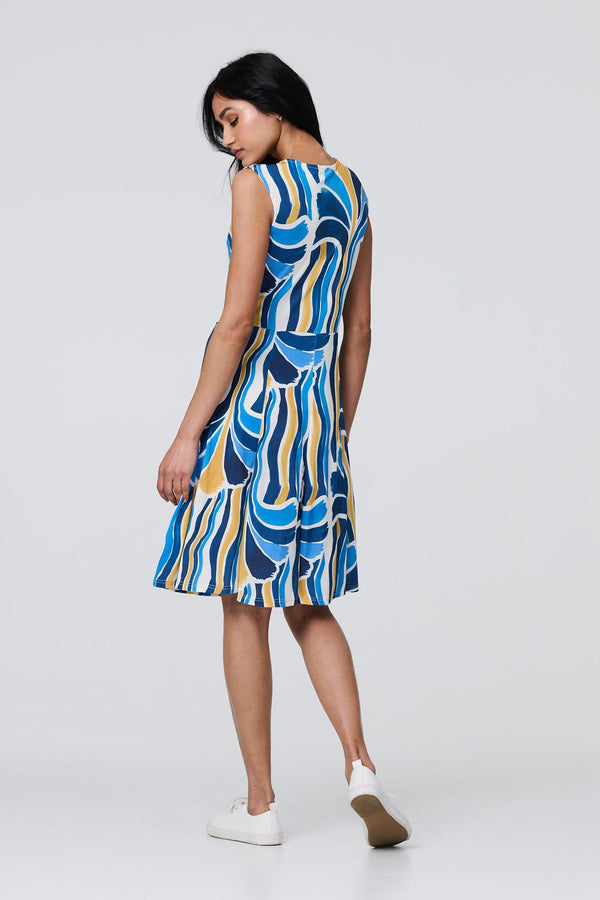 Blue | Brushstroke Print Sleeveless Knee Length Dress