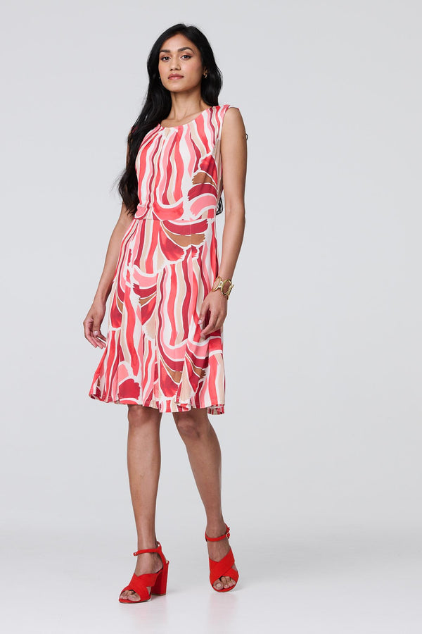 Orange | Brushstroke Print Sleeveless Knee Length Dress